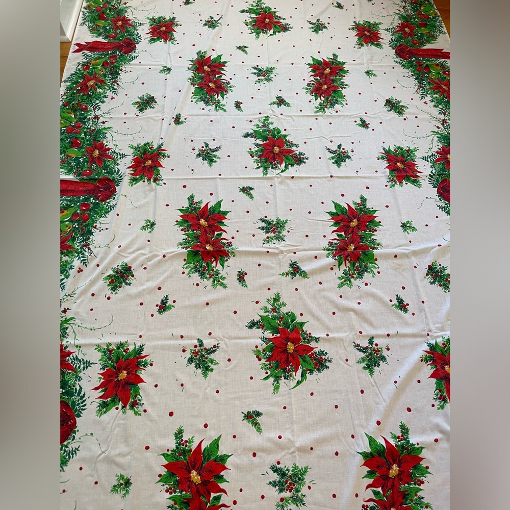 VTG Christmas‎ large tablecloth handmade-94” x 68” greenery-ribbon-red-green